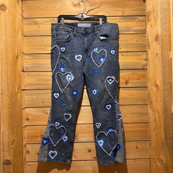 Pickle & Bean Denim - Pickle & Bean Jeans Women's Blue Denim Embellished Hearts Flared Leg Size 40x30